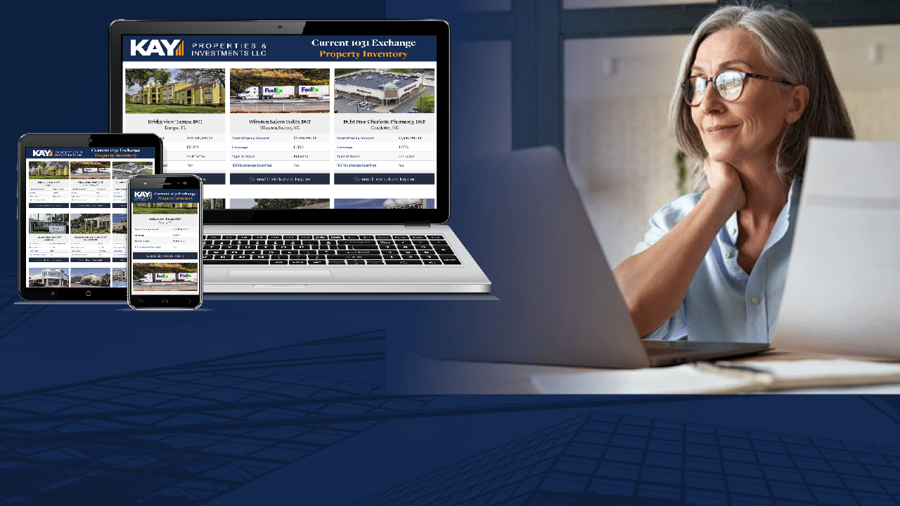 Graphic of Kay Properties online and an older woman looking at her 1031 DST Investment portfolio